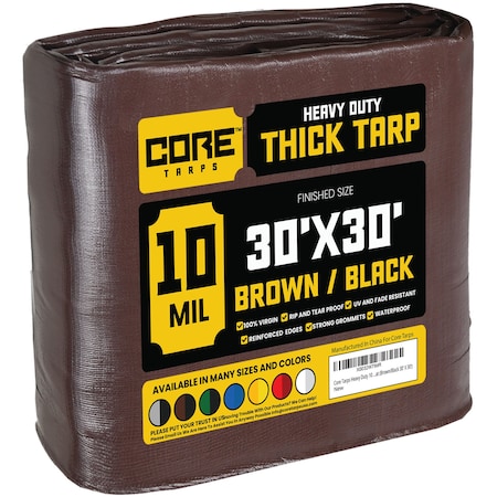 Core Tarps Heavy Duty Tarp, 30 ft x 0.5 mm H x 30 ft W, 10 Mil, Brown/Black, Polyethylene CT-602-30X30